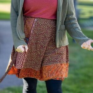 Boho Sari Reversible Wrap Skirt in Brown and Red